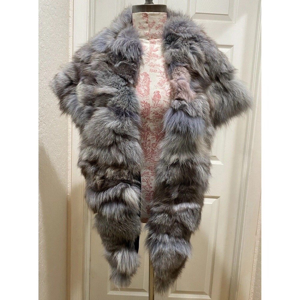 Vintage Fox Fur Stole Adrienne Landau Scarf Wrap Boa 68x15 Gray Silver Luxe